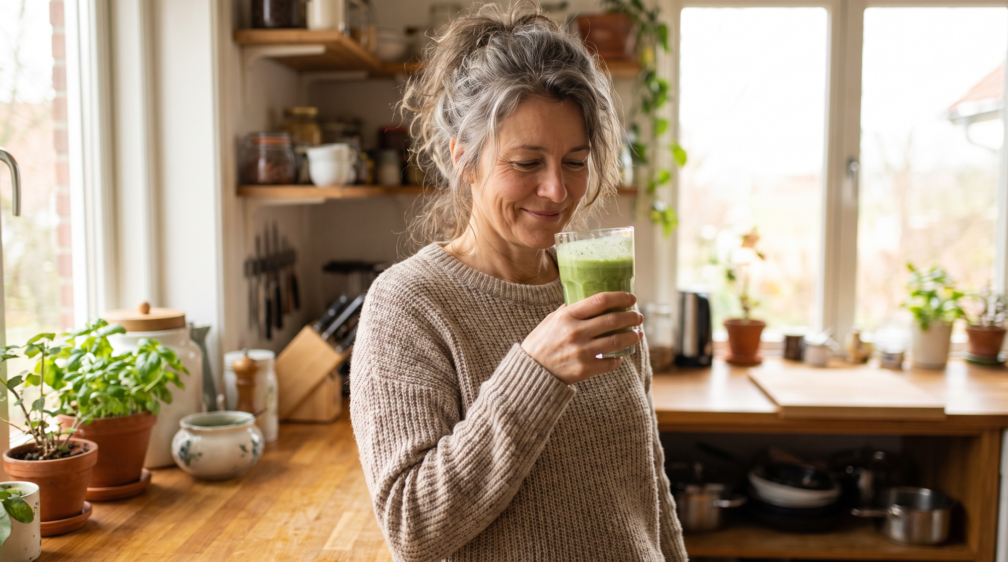 Woman enjoying a green superfood smoothie in her kitchen