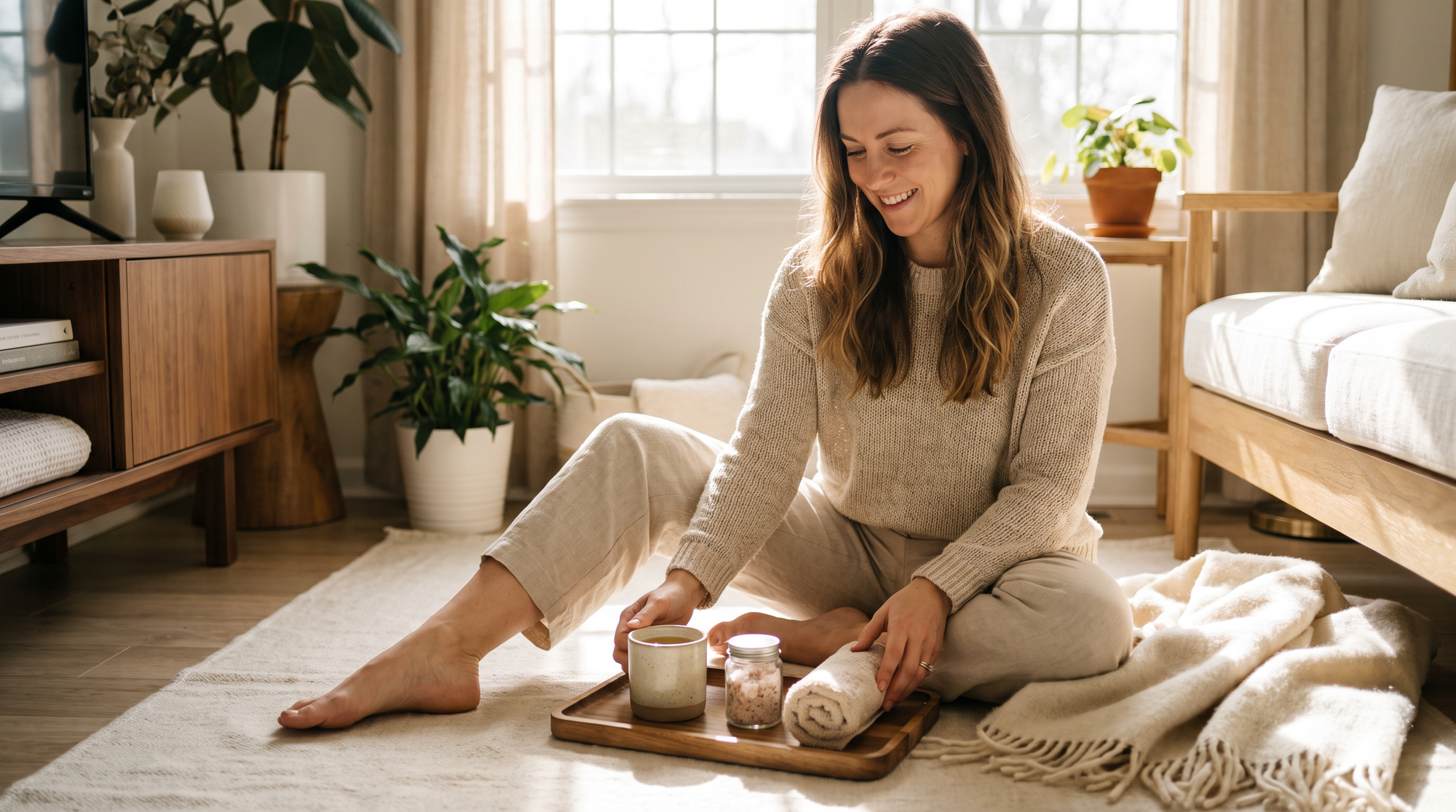 Woman at home arranging tea, a jar and a soft towel on a wooden tray, putting together a self-care wellness gift set