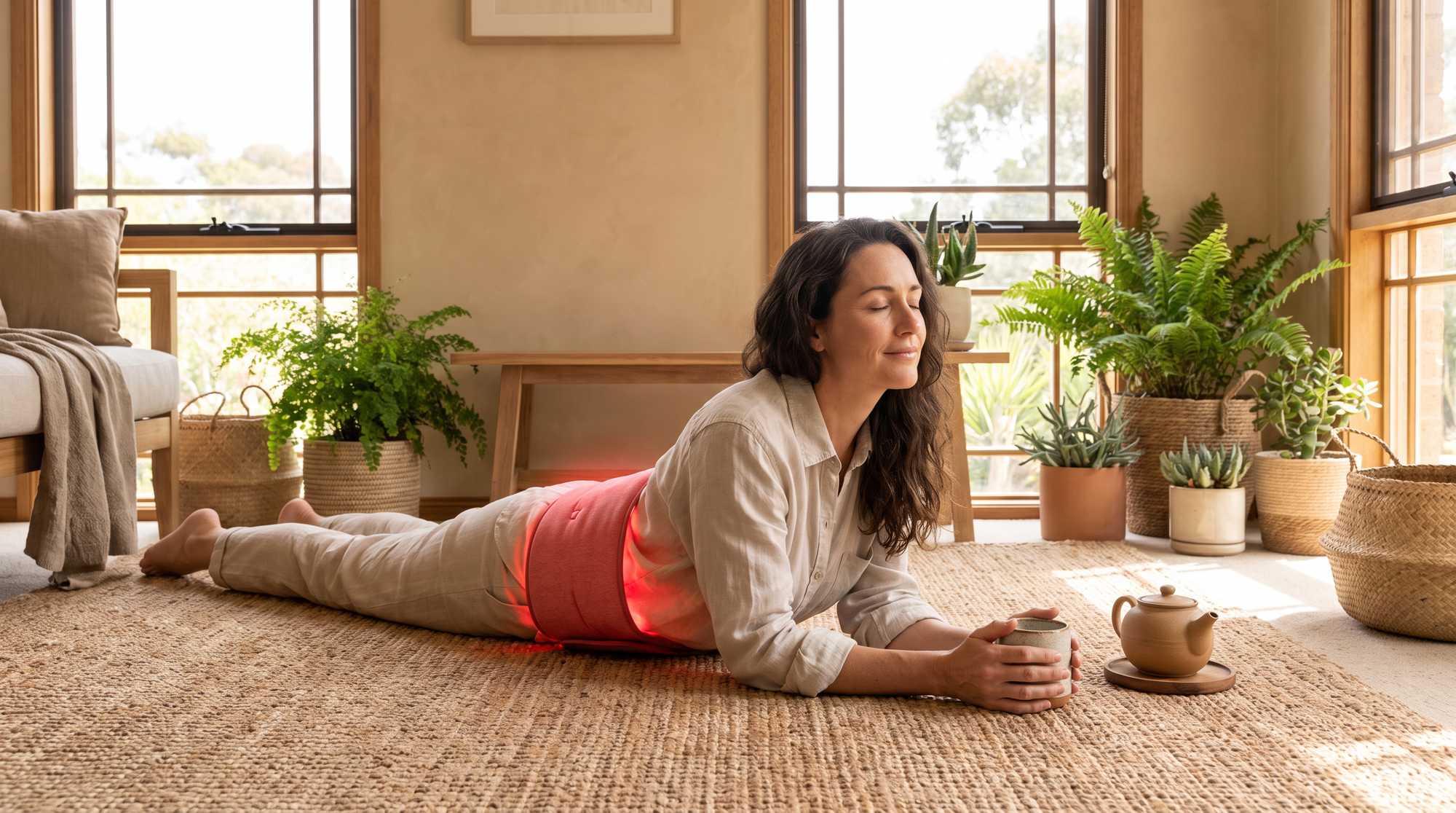 Woman relaxing on a rug with a red light therapy wrap around her lower back