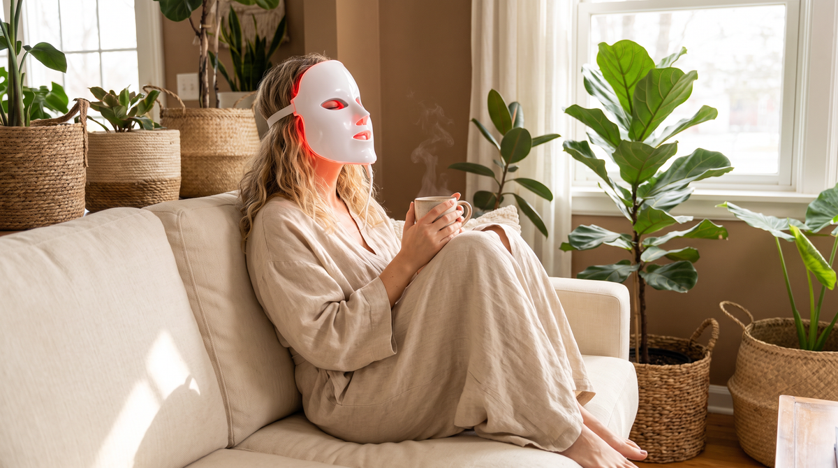 Woman relaxing on a sofa wearing a red light therapy LED face mask