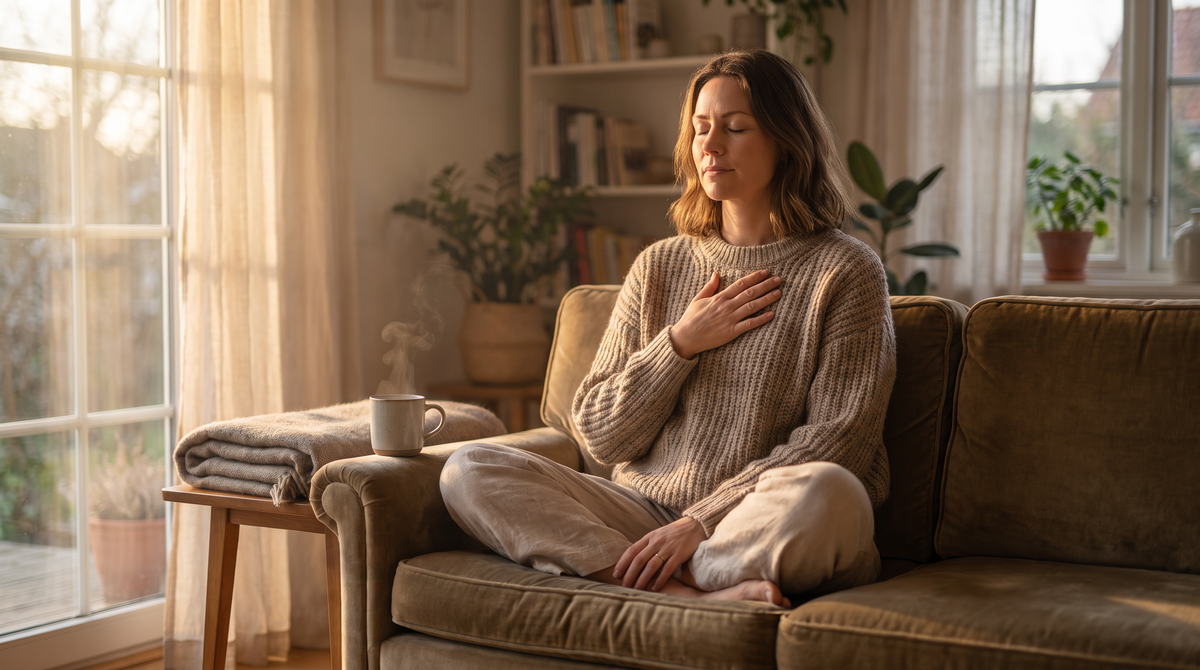 Woman sitting calmly on a sofa near a sunlit window, breathing deeply, evoking nervous-system calm