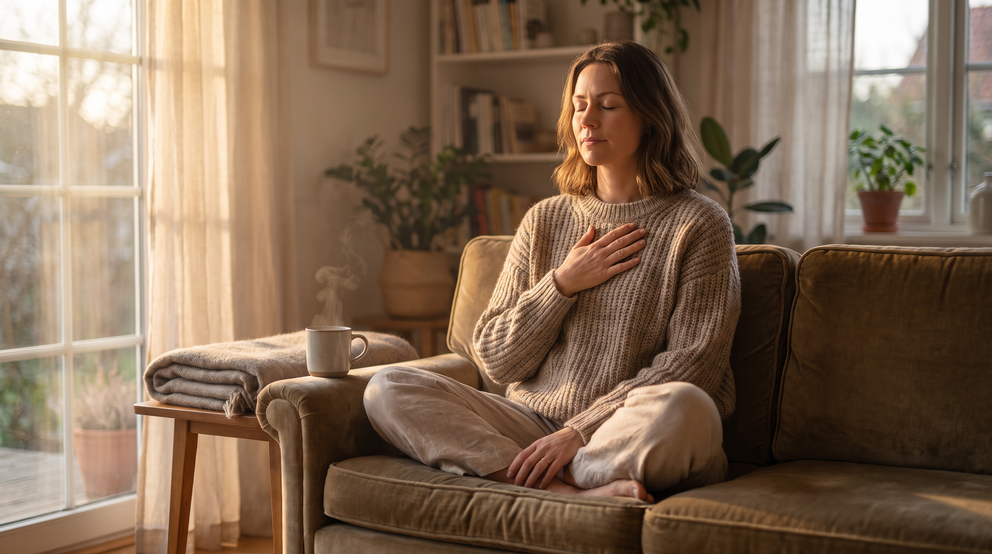 Woman sitting calmly on a sofa near a sunlit window, breathing deeply, evoking nervous-system calm