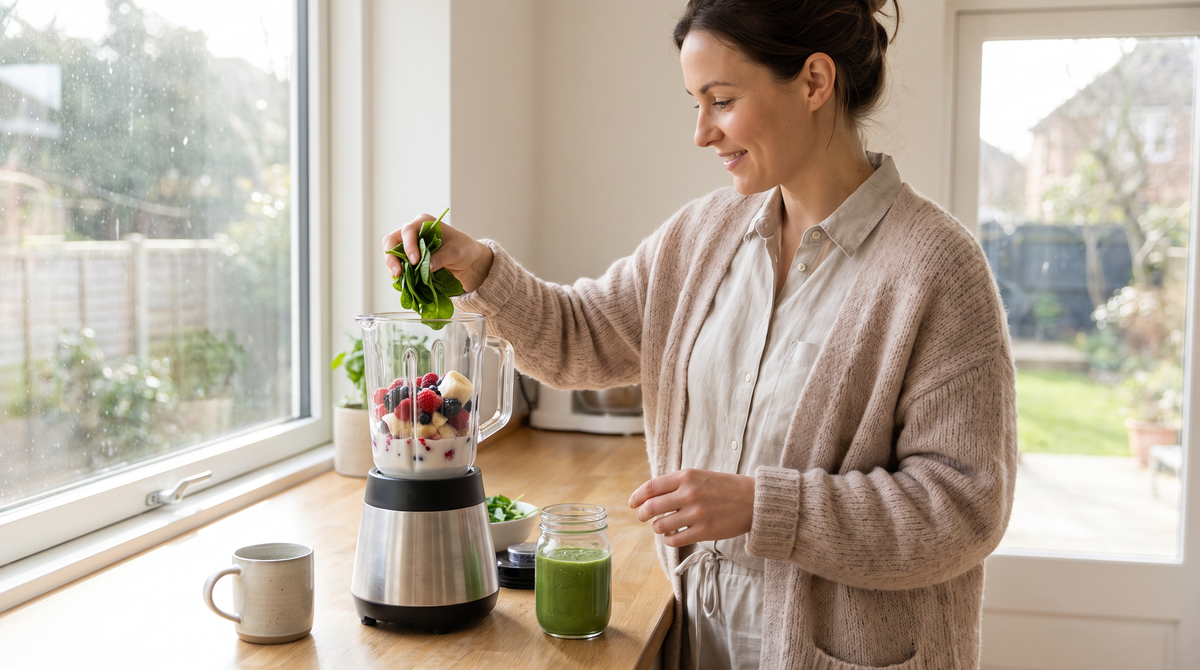 Woman making a smoothie in a bright kitchen, part of a gut-friendly morning routine
