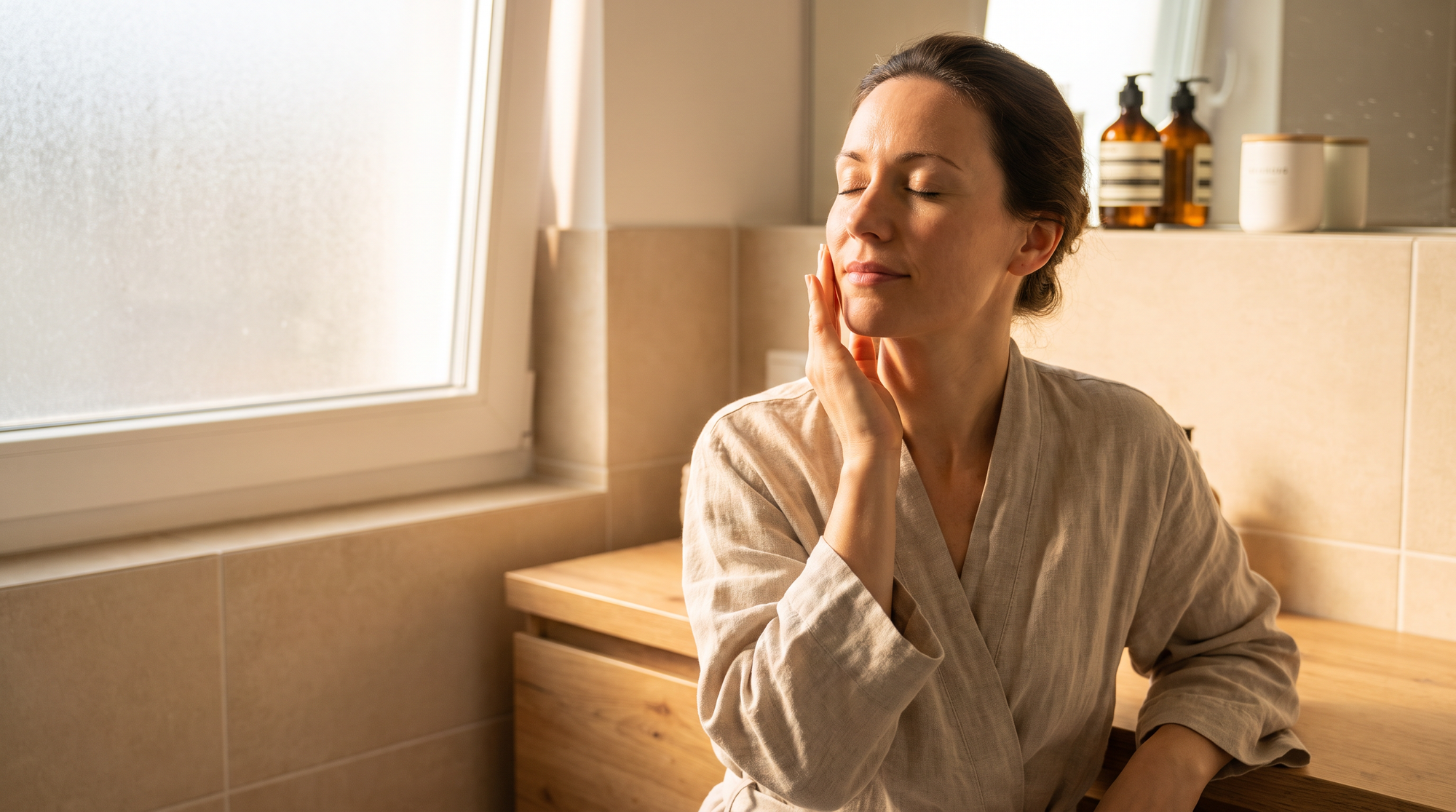 Woman sitting at a sunlit vanity gently touching her cheek, calm self-care moment