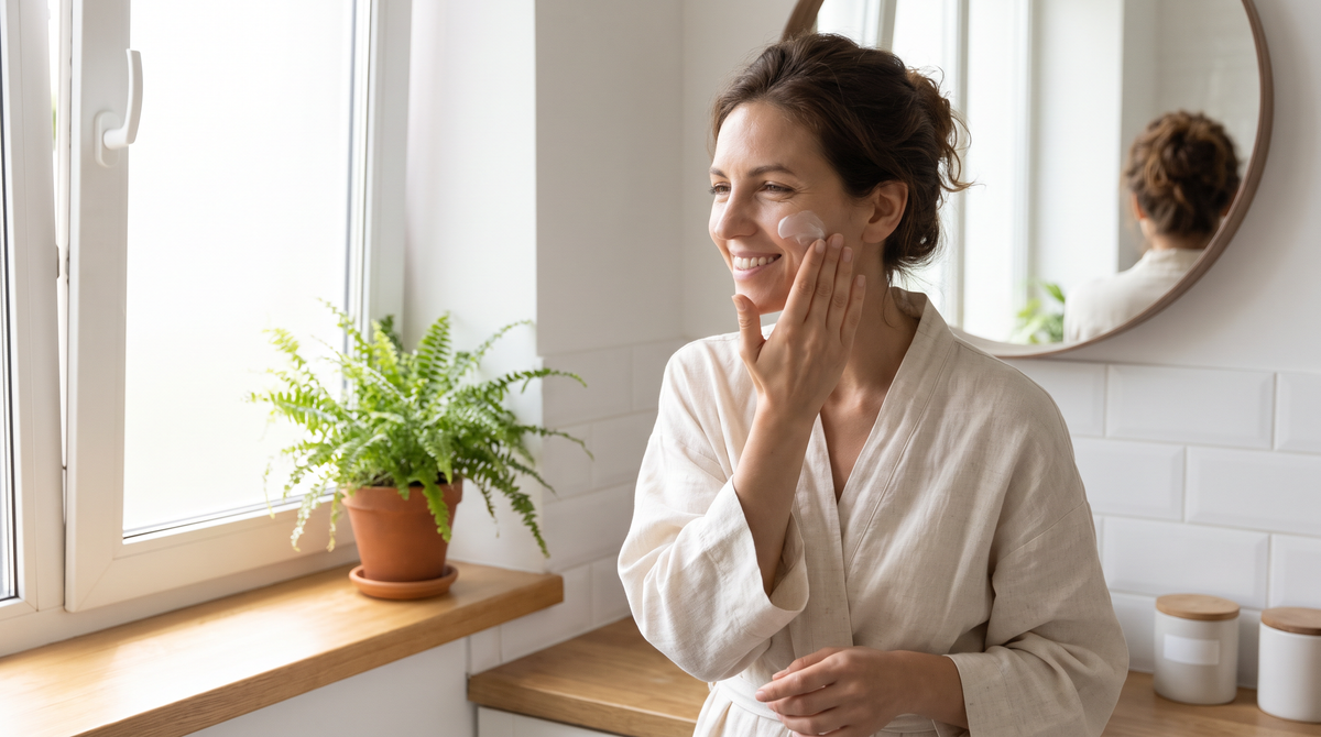 Woman applying moisturizer, smiling at healthy glowing skin