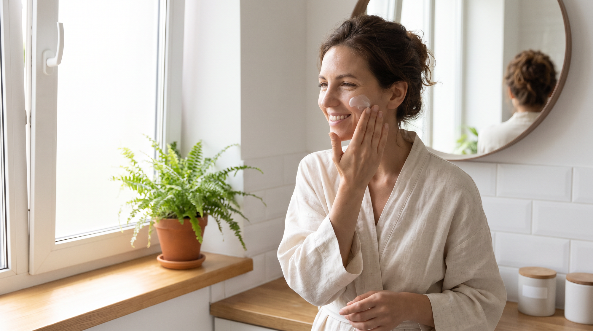 Woman applying moisturizer, smiling at healthy glowing skin