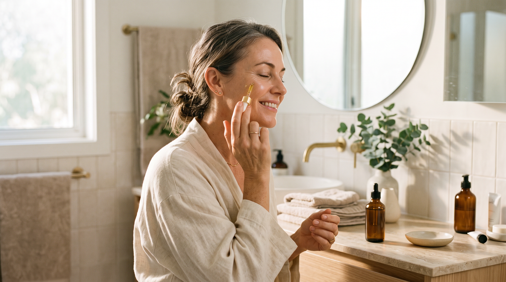Woman at a sunlit bathroom vanity gently pressing facial oil into her cheek, calm morning self-care moment